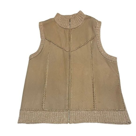 Erika Suede Leather Sweater Vest Women Medium Tan Full Zip Knit - Picture 1 of 16